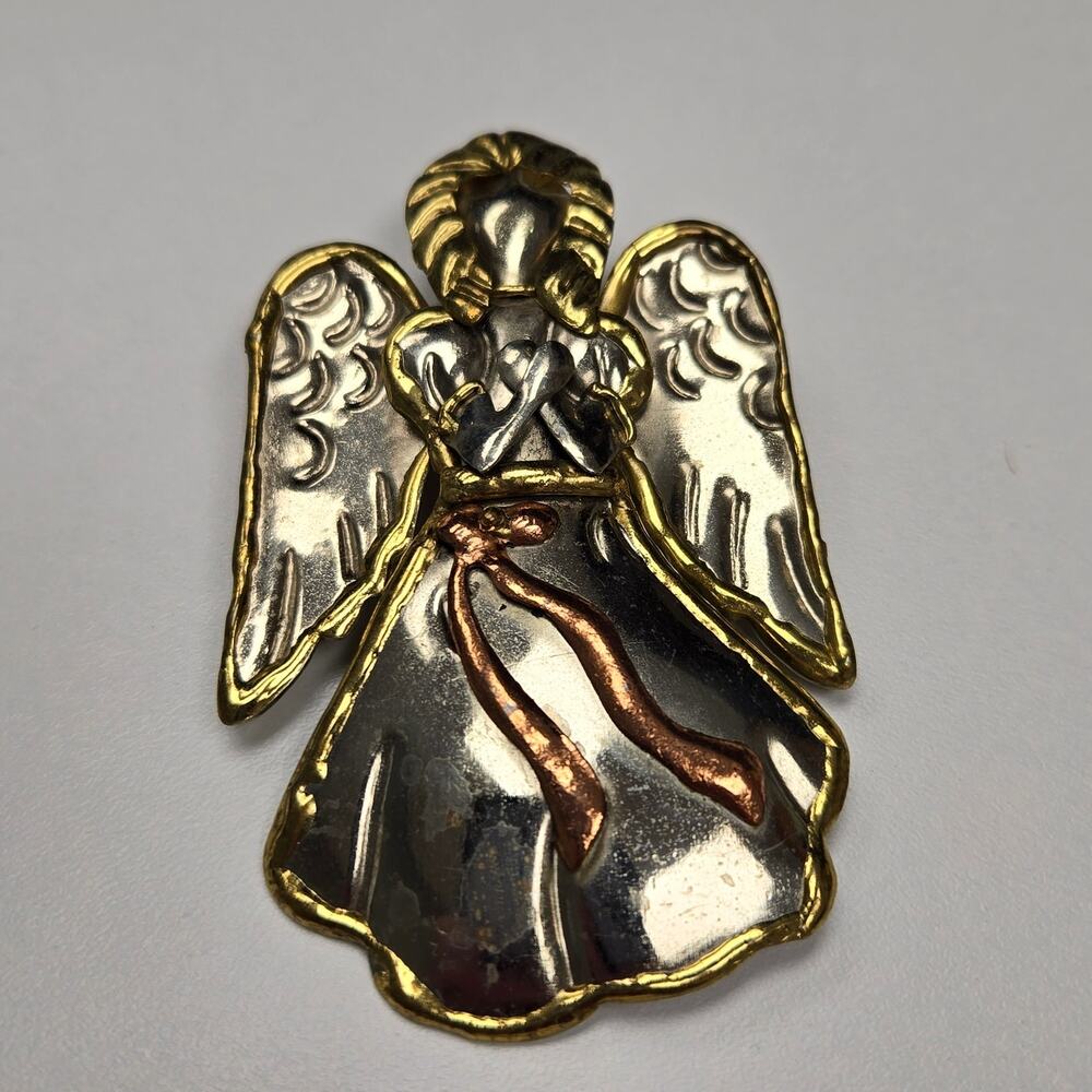 Vintage SJ Two Tone Angel Cherub Brooch Pin Silver Gold Metallic Figural